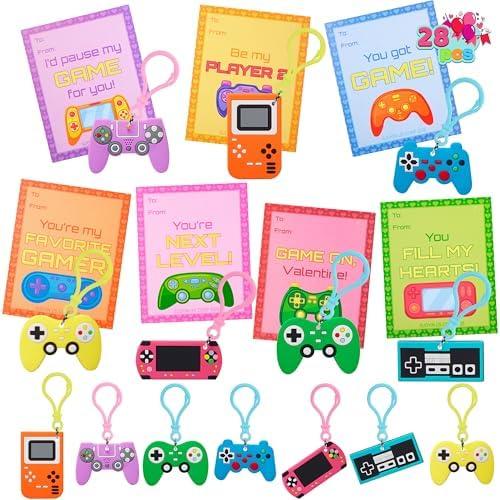 JOYIN 28 Pcs Valentines Day Gift Cards with Video Game Keychains, Multi Colored Keychains & Cards with 7 Designs, Valentine Treat Goodie Bag Stuffers for Kids Classroom School Exchange Prizes