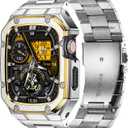 BAITEYOU Stainless Steel Band with Case Compatible with Apple Watch Series SE 3 2 1/6 5 4 (40mm) Series 9 8 7 3 2 1 (41mm 38mm), Metal Protective Bumper Cover for iWatch Bands Men (Silver/Gold)