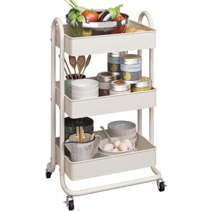 MIOCASA 3-Tier Metal Utility Rolling Cart, Heavy Duty Multifunction Cart with Lockable Casters, Easy to Assemble, Suitable for Office, Bathroom, Kitchen, Garden