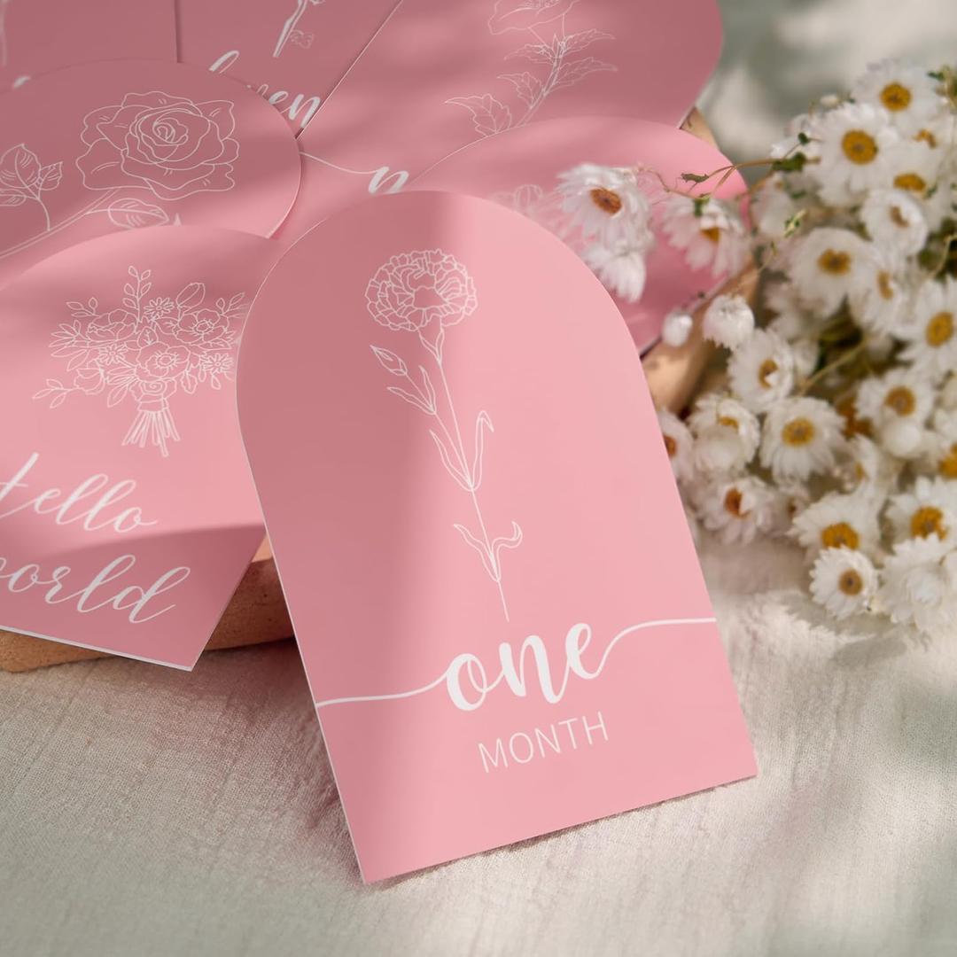 Pink Baby Monthly Milestone - Arch Double Printed Acrylic Milestone Cards for Baby Announcement of Newborn Boy & Girl, Hello World Sign Baby First Year Photo Props