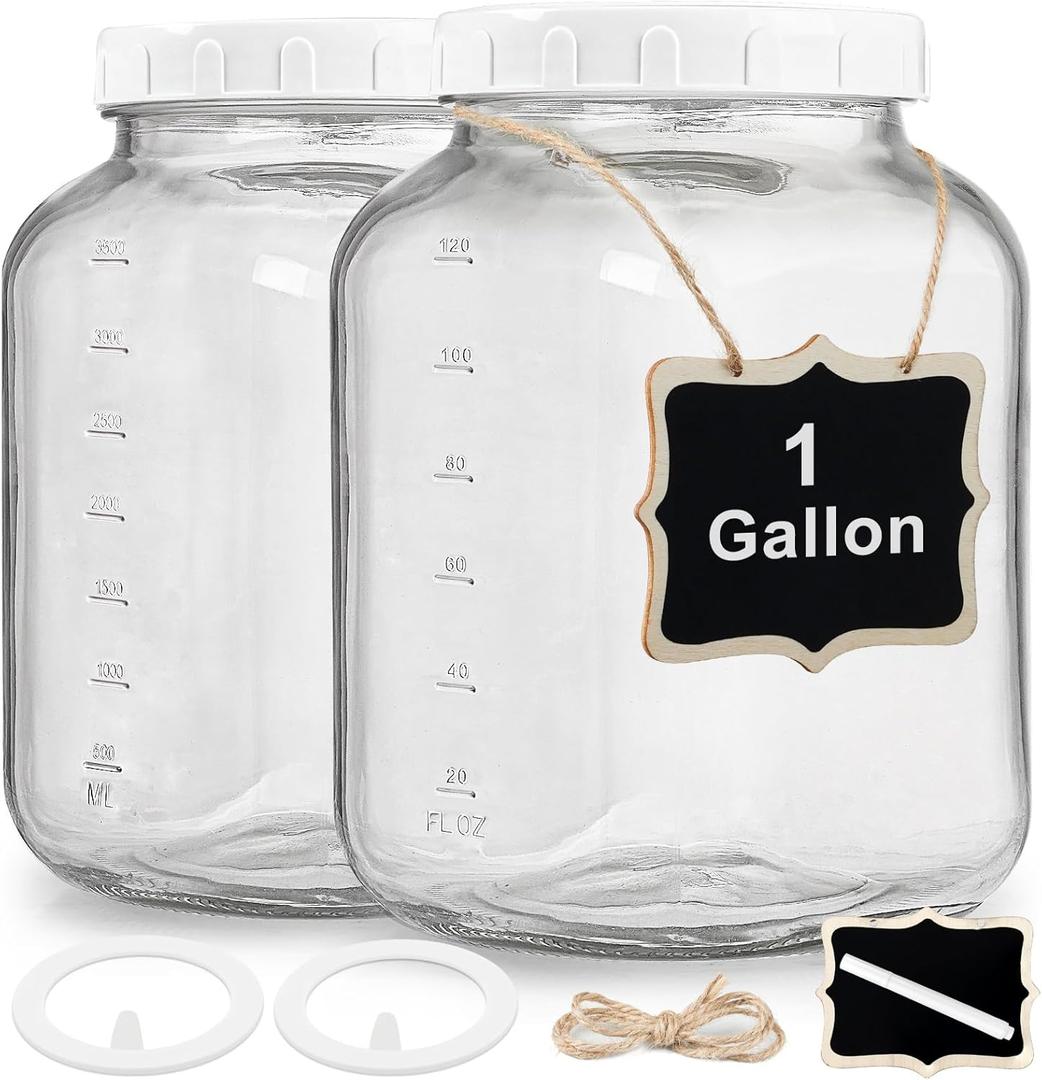 2 Pack Wide Mouth 1 Gallon Clear Glass Jar with Lid, Heavy Duty Airtight Screw Lid with Silicone Gasket - Large Mason Jar with 2 Scale Mark for Fermenting Kombucha and Storing Food (Extra 2 Gaskets)