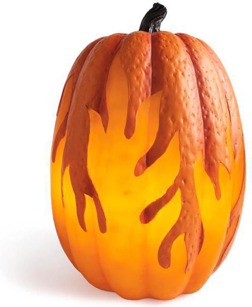 Halloween LED Pumpkin Lights Battery Operated Flame Pumpkin Decoration Outdoor 3D Lighted Pumpkins Jack-O-Lantern Fall Pumpkins Resin Light Up Pumpki Figurine for Garden Decor (1, L-9.84*5.91inch)