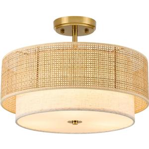 Semi Flush Mount Ceiling Light, 16" Gold Light Fixtures Ceiling Mount, 3-Light Boho Rattan Linen Drum Light Fixture, Modern Farmhouse Chandelier for Bedroom Entryway Living Room Hallway Foyer