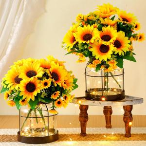 2 Set Vintage Glass Vase Rustic Farmhouse Lantern Decor with Artificial Plants Lights Decorative Clear Vase for Home Decor Floral Arrangement Dining Table Centerpieces (Sunflower)