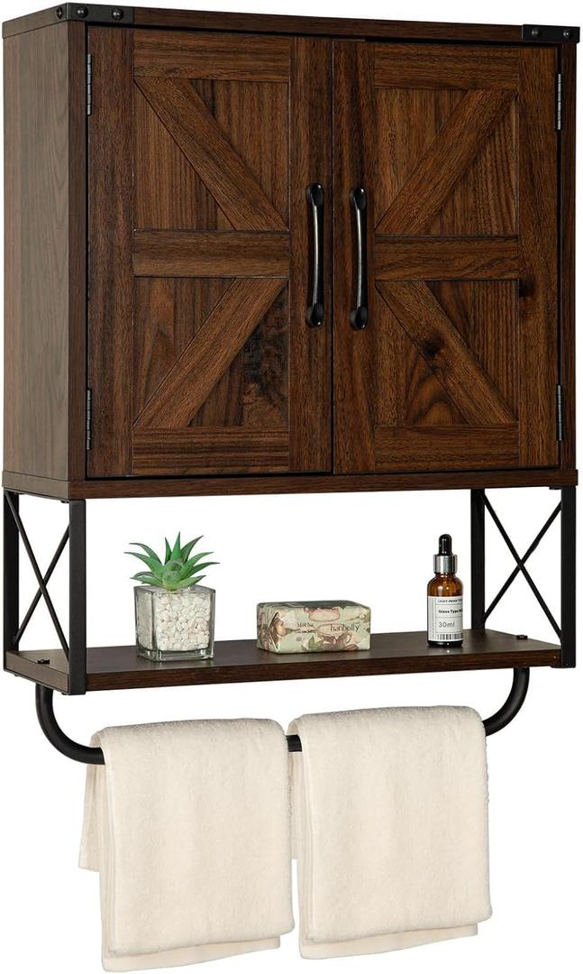 RUSTOWN Farmhouse Medicine Cabinet with 2 Barn Door,Wood Wall Mounted Storage Cabinet with Adjustable Shelf and Towel Bar, 3-Tier Bathroom Cabinet for Bathroom, Living Room(Dark Walnut, Medium)
