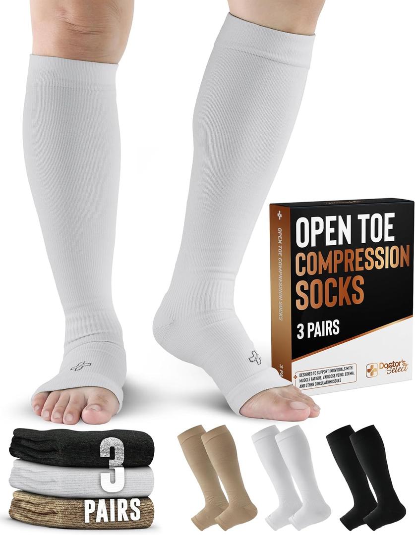 Doctor's Select 3 Pairs Copper Toeless Compression Socks Women & Men - 20-30 mmHg Open Toe Compression Socks Women, Knee High Black, White, Nude Compression Sock (Large-X-Large)