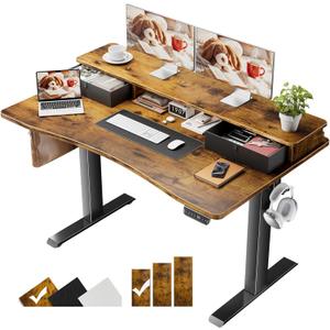 Veken 47.2"27.6" Standing Desk with Storage Drawers, Adjustable Height Computer Table with Monitor Shelf, Home Office Desk for Study, Gaming, Workstation, Brown