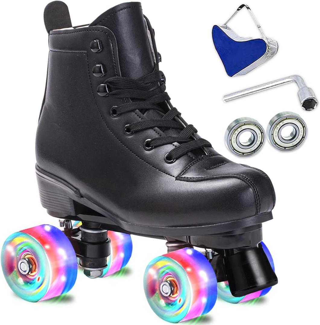 SCNUT Skates Women's Men's High Top Black PU Leather Classic Double Row Adjustable Outdoor Indoor Quad Skates and Roller Derby (Black Wheel, 39-Women's 7 / Men's 6)
