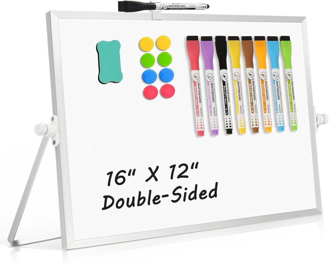 Dry Erase Magnetic White Board, 16" x 12" Double-Sided Desktop Whiteboard with Stand, Portable Small Whiteboard Set for Drawing, Office, Home