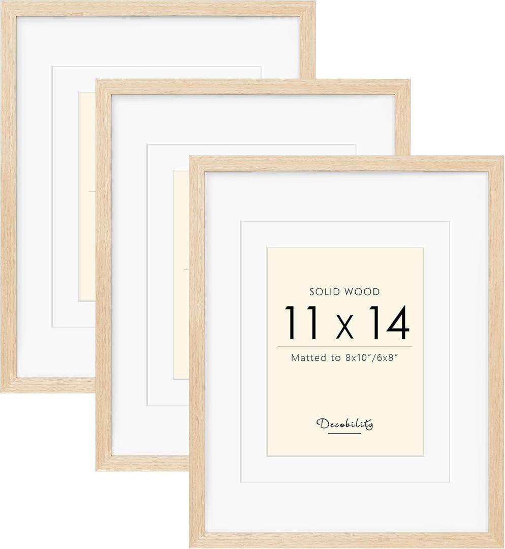11x14 Picture Frames Matted for 8x10 and 6x8 Picture, Set of 3 Solid Wood Picture Frame with Tempered Real Glass, Wall Gallery Frame Set for Tabletop or Wall Mounting Display (3 Pack of Oak)