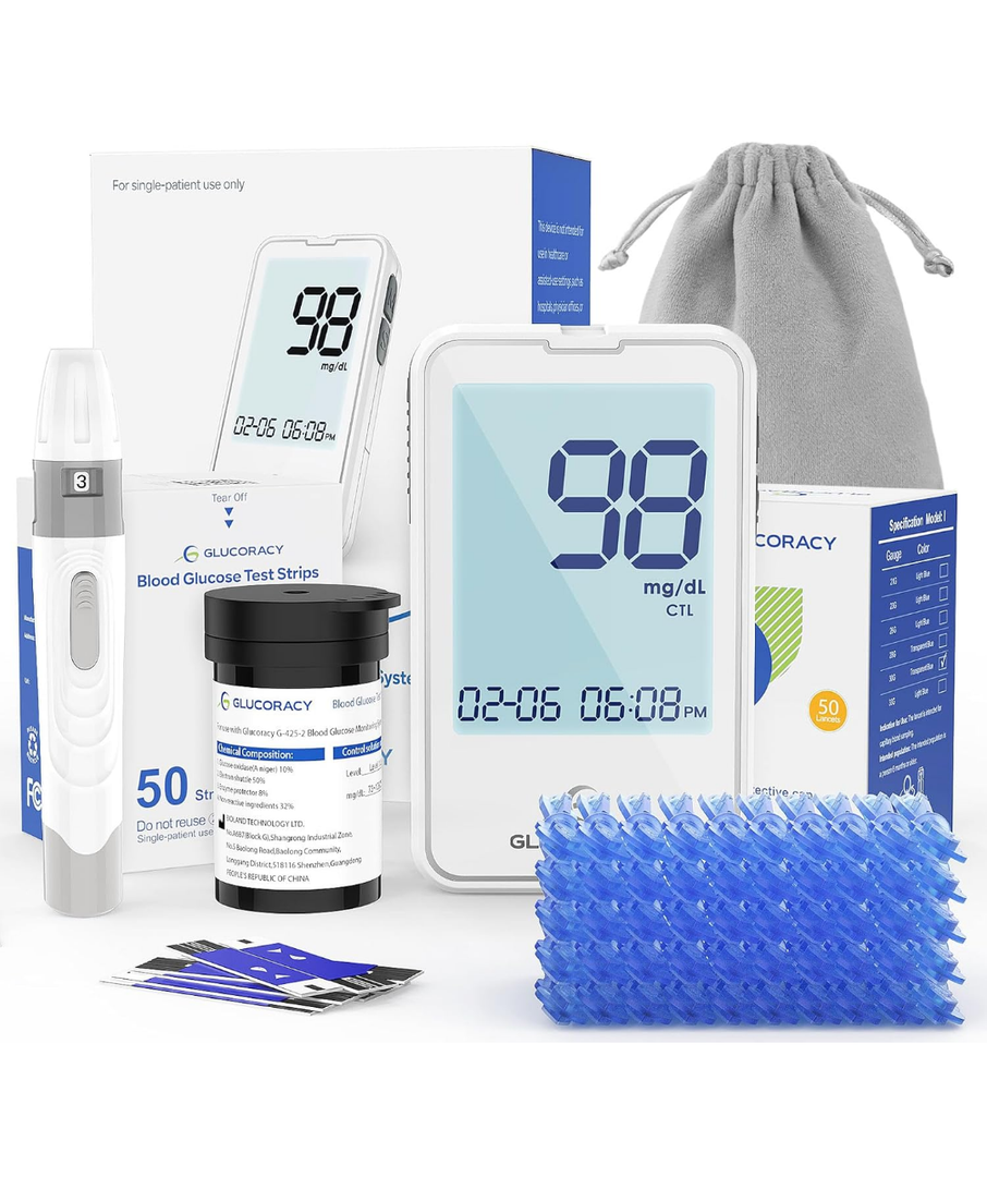 Glucoracy G-425-2 Blood Glucose Monitor Kit, 50 Test Strips and 50 Lancets, Blood Sugar Test Kit with Lancing Device, Diabetes Testing Kit No Coding,Glucose Meter for Home Use