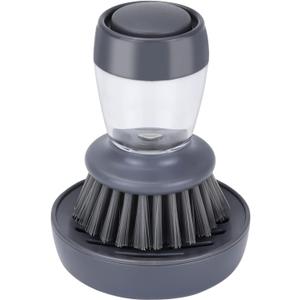Dish Brush with Soap Dispenser, Kitchen Scrub Brush for Dishes Pots Pans Sink Cleaning, Dish Scrubber with Holder Set (Grey Handle & Nylon Bristles)