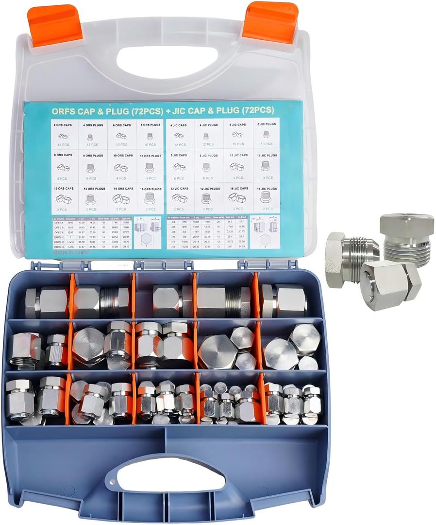 JIC Cap and Plug Kit, 144 Pcs Galvanized Steel Adapter Set, Hydraulic Hose Fittings Precision Threading in ORFS and 37 Dash Sizes 4 6 8 10 12 16
