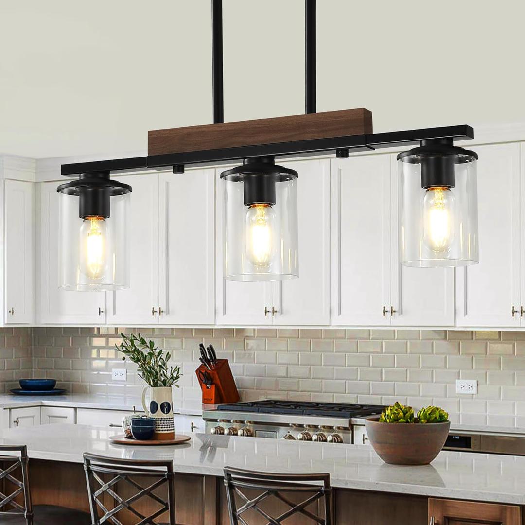 23.6'' Kitchen Island Light Fixtures, 3-Light Dining Room Light Fixture Chandelier Over Table, Black Modern Rustic Wood Ceiling Pendant Light Fixtures, with Clear Glass Shade, Farmhouse Chandelier