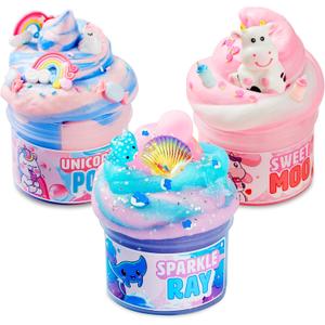 JOYIN 3-Pack Slime Party Favors, Cloudfin Manta Ray, Bubblegum Unicorn, Strawberry Milk Cow, 8 oz., Soft, Non-Sticky, Mess-Free, Slime Bulk Toys for Kids, Boys and Girls Birthday Gifts