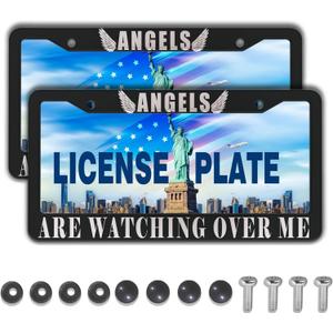 Car Plate Frames Black and White License Plate Protector Angels are Watching Over Me Universal Aluminum Car Accessory 2 Pack with Screw Covers Set