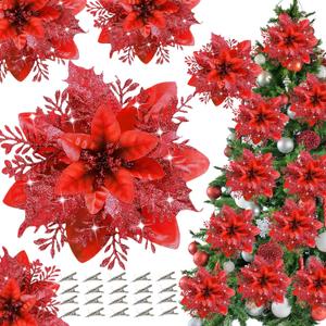 20Pcs 5.5" Red Poinsettias Glitter Artificial Christmas Flowers,Christmas Tree Decorations Christmas Ornaments Glitter Poinsettia with Clips , Christmas Decor for Xmas Tree Wedding Party Holiday