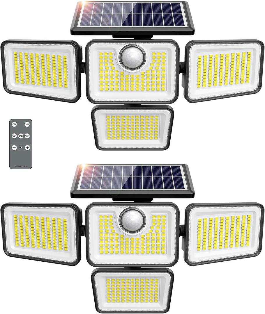 4500LM Solar Lights Outdoor, 4 Adjustable Heads Motion Sensor Lights, 3 Modes, 6500K, IP65 Waterproof Solar Security Wall Lights, Remote Control Flood Lights, Garden, Outside, Backyard, 2 Pack