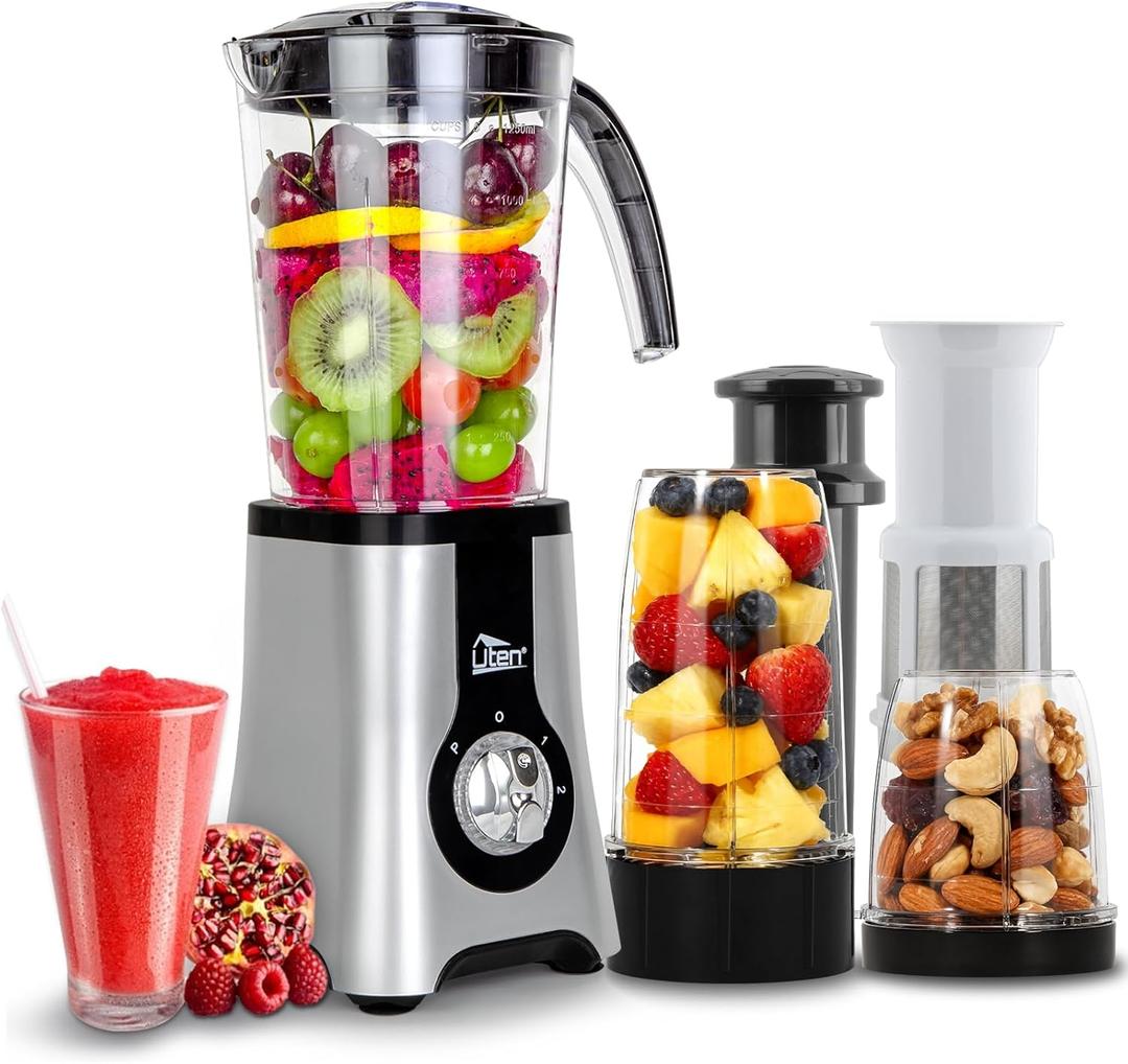 Uten 5-in-1 Smoothie Blender 42 oz/1.25L, Multi-Functional Mixer, Smoothie Maker, Juicer, Grinder with 304 Stainless Steel Blades, BPA-Free, Dishwasher Safe, Includes 3 Blender Cups & 2 Travel Bottles