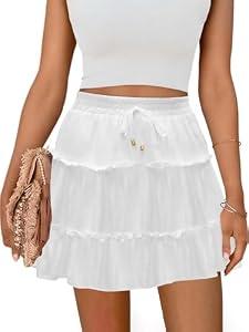 ZTMZA Women's Summer Flowy Skorts Ruffle Tiered Mini Skirts Boho Casual High Waist Tennis Golf Short Skirts Built-in Shorts White, XX-Large