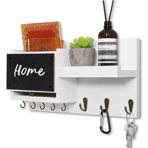 Decorative Key Hanging Rack with 8 Hooks  Easy Install Natural Wooden Key and Mail Holder for Wall Mount  Sunglasses Wallet Holder Entryway Decor with Shelf and Chalkboard (White)