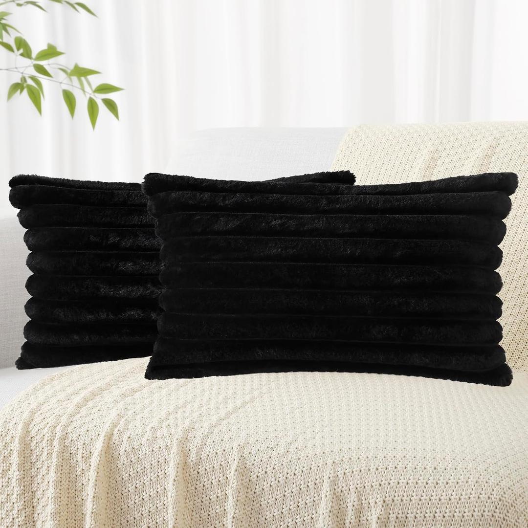 decorUhome Faux Fur Throw Pillow Covers 12x20 Set of 2, Decorative Soft Plush Striped Lumbar Neutral Couch Pillow Covers with Velvet Back for Sofa, Bed, Living Room Home Decor, Black