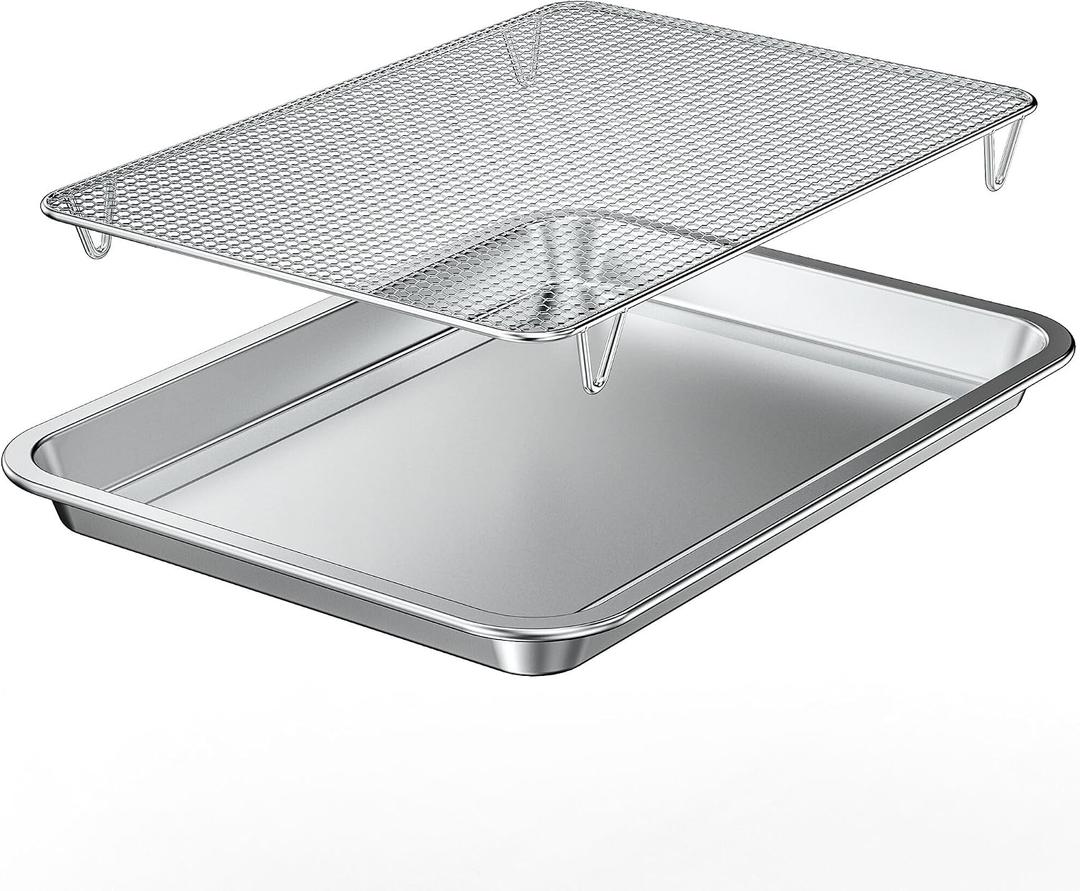 Baking Sheet with Wire Rack Set, 15.35''x 11.5'' Stainless Steel Cookie Sheet and Cooling Rack, Non-stick Cooking Pan with Grease Mesh Strainer Kitchen Bakeware for Smoker and Grills,Oven Safe