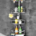 HAMITOR Corner Shower Caddy Tension Pole: Rustproof 4-Tier Bathroom Organizer Shelves for Bathtub Shampoo Storage - 47-121 Inch Quick Install Adjustable Rod Standing Rack with Soap Rack - Silver Gray (A-silver Gray)