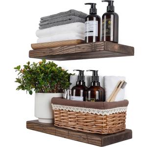 BGMG Floating Shelves 16 inch Long, Distressed Rustic Wooden Wall Shelves for Bathroom Living Room Bedroom Kitchen Farmhouse Set of 2-16x6.7x1.25 inch-Distressed Walnut