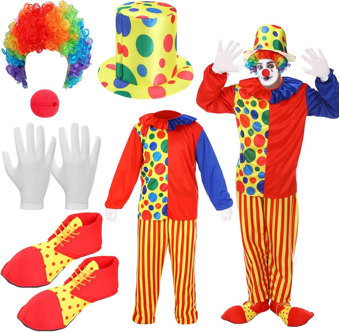 Funtery 7 Pcs Clown Costumes Set Includes Shoes, Nose, Hat, Wig, Gloves for Adults Carnival Clown Costumes (XX-Large)