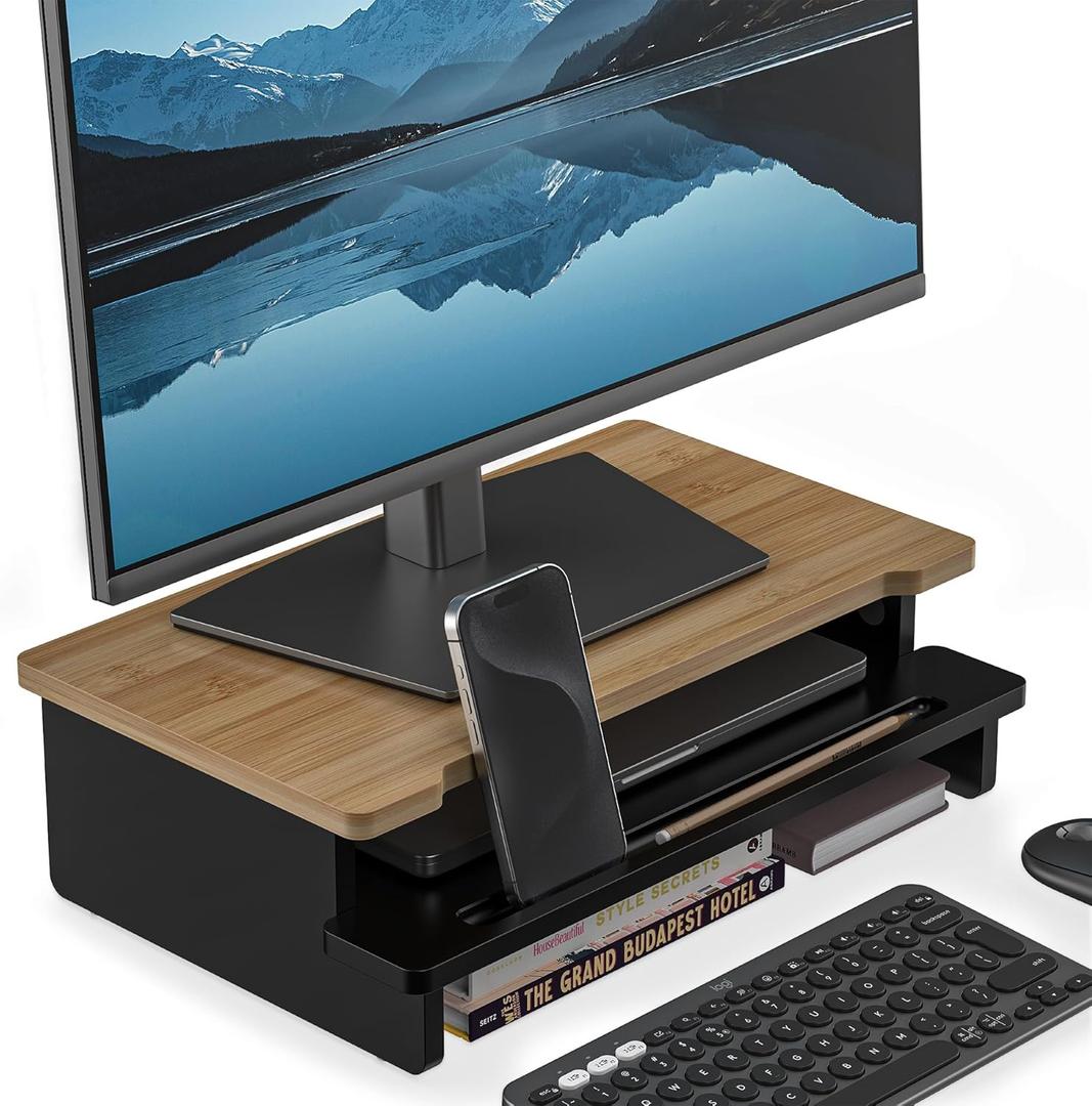 Computer Monitor Stand Riser, 16.5 Inch Wood Desk Shelf Storage Organizer with Phone Tablet Holder, Black & Dark Bamboo