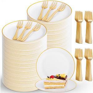 Festiva 400Pcs Gold Dessert Plates 6.3" with Forks 5"- 200PCS Small Disposable Dessert/Cake/Appetizer Plates and 200PCS Forks - Serve 200 Guests for Birthday Party& Wedding &Easter