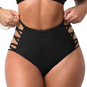 Women Sexy Bikini Bottoms Lace Strappy Sides High Waisted Retro Bathing Suit Underwear Swimsuit (Black, Medium)