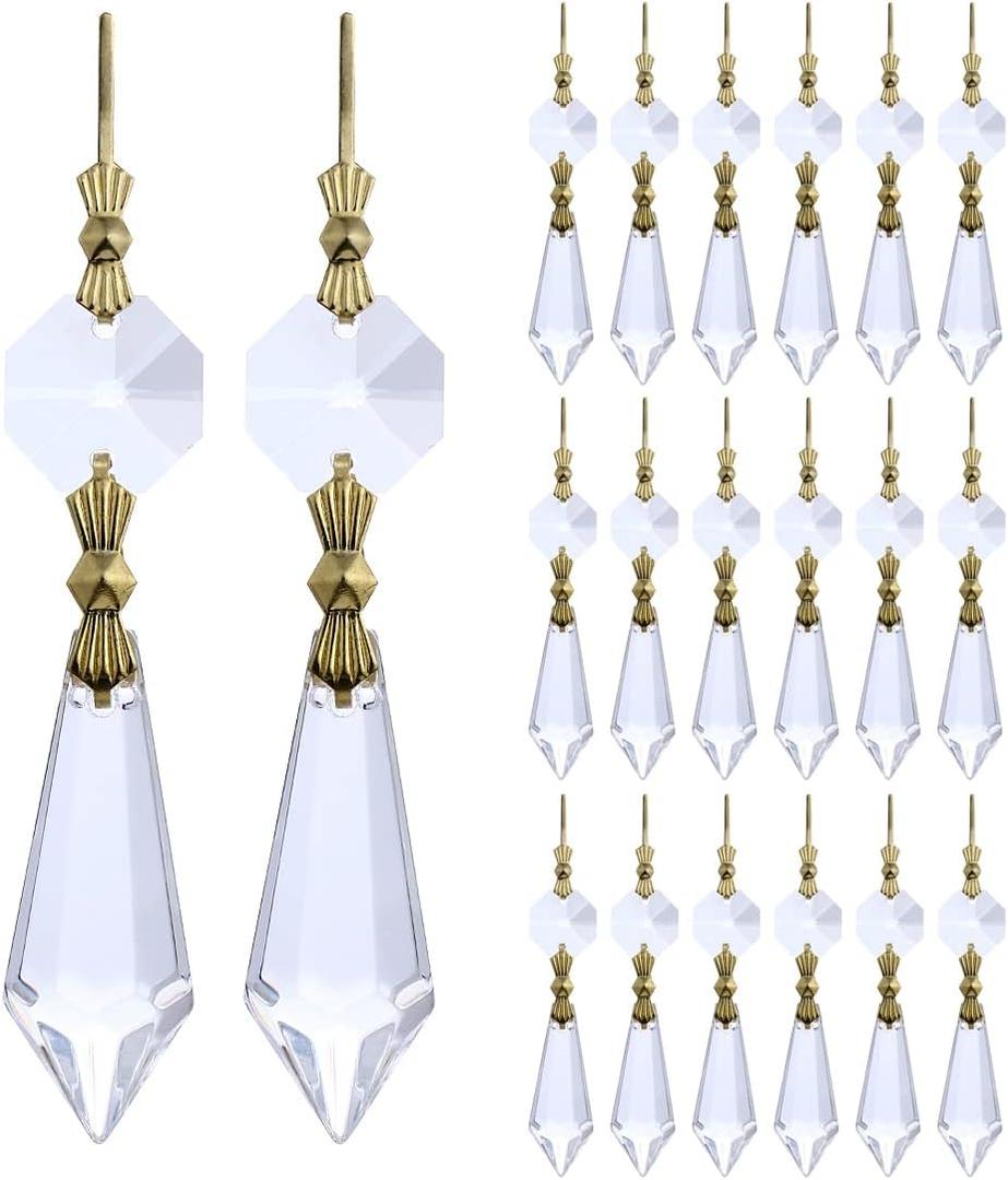 HDCRYSTALGIFTS 20Pcs 38mm Replacement Clear Chandelier Icicle Crystal Prisms Octogan Crystal Bead for Lamp Decor, Gold Bow Tie Connectors
