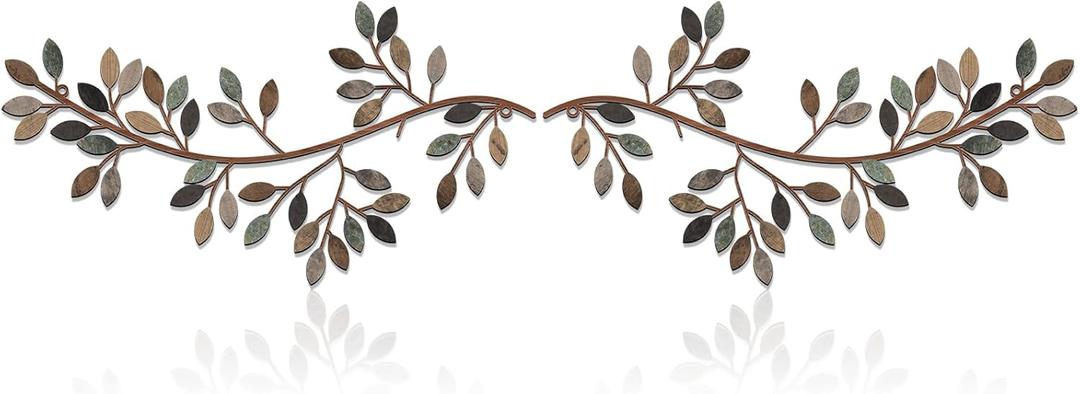 Hotop 2 Pieces Metal Tree Leaf Wall Decor Vine Olive Branch Leaf Wall Art Wrought Iron Scroll Sculptures Above the Bed, Living Room, Outdoor Decoration(Classic Style,Classic Color)
