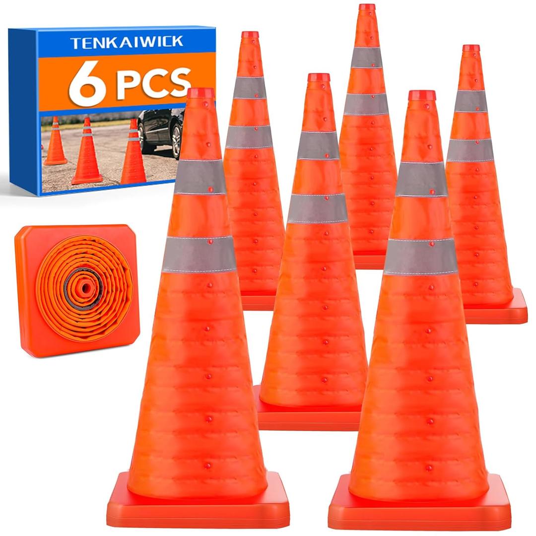 TENKAIWICK 28 Inch 6 Pack Traffic Cones, Collapsible Safety Cones, Multi Purpose Pop-up Cones with Reflective Collar, Orange Cones for Parking lot, Driveway, Driving Training etc