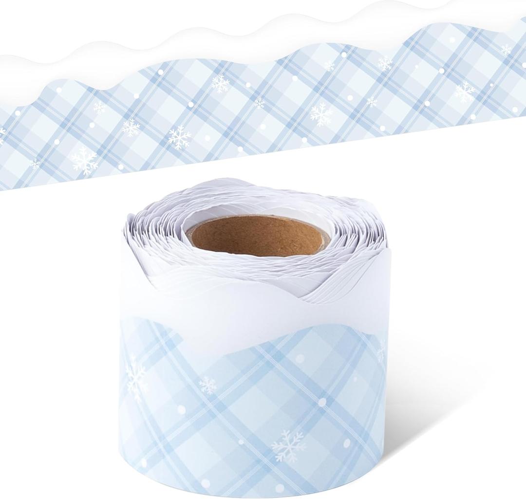 3 x BeYumi Winter Snowflake Border Trim - 65ft Winter Christmas Sage Blue Snowflake Plaid Scalloped Rolled Border Trim Checkered Bulletin Board Borders School Classroom Office Chalkboard Door Decoration