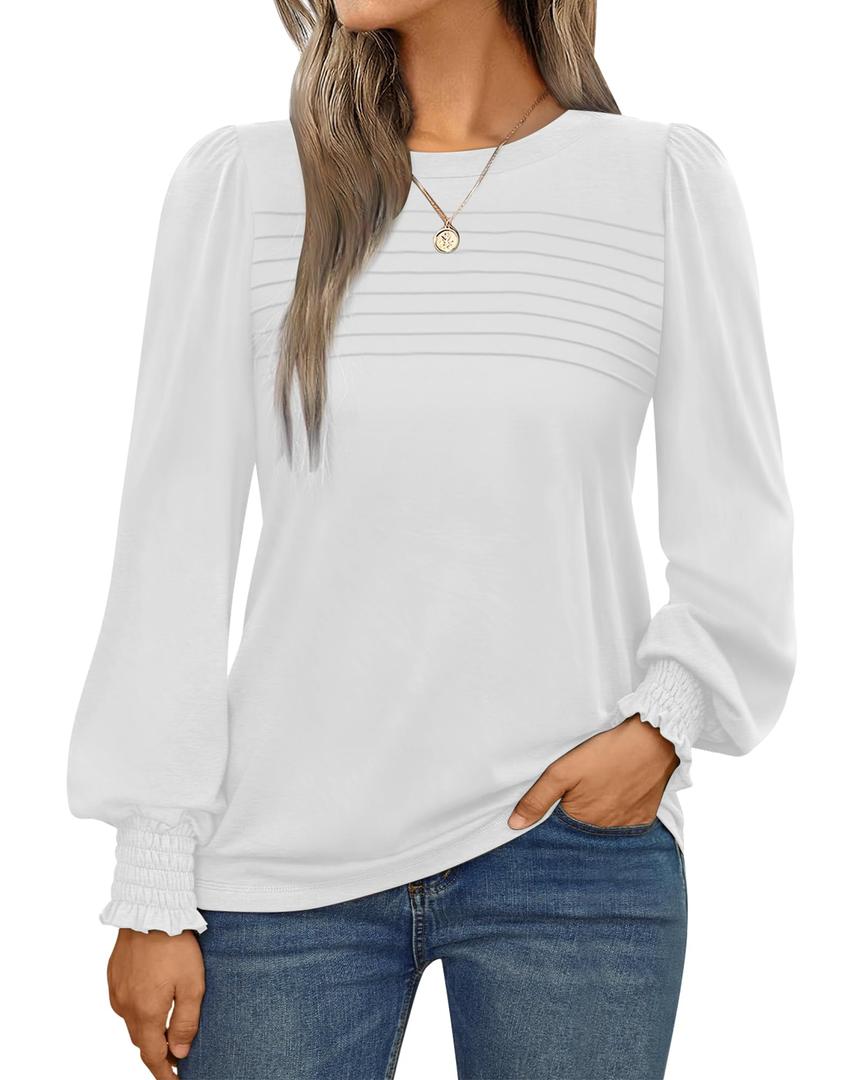 Simlakey Women Long Sleeve Shirt Dressy Casual Blouse 2025 Fall Fashion Pleated Top Trendy Loose Fit Crew Neck Basic Tee(White,L)