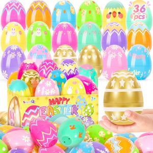 SevenQ Plastic Easter Eggs Empty Fillable 36 Pcs 3.15" Printed Colorful Egg for Hunt Basket Stuffers for Teens Pinata Goodie Gift Bags Fillers Treats Treasure Box Toys Classroom Party Favors Supplies