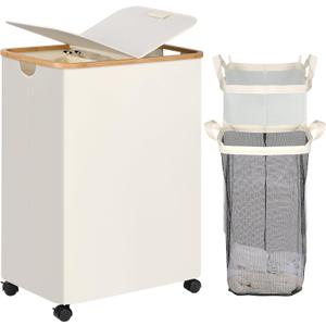 efluky Double Laundry Hamper with Wheels, Divided Laundry Hamper with Removable Bags, 2 Section Dirty Clothes Basket with Handles for Bathroom, Bedroom & Laundry Room, 160L Beige