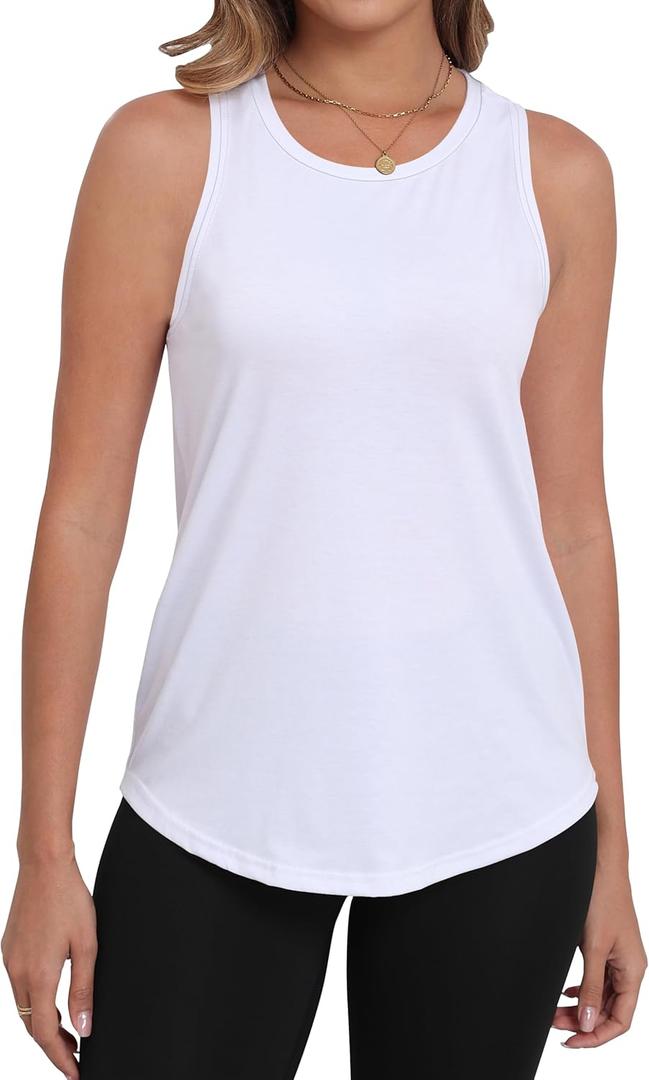 PRIMODA Womens Sleeveless Tank Tops Crew Neck Loose Fit Summer Casual Flowy Curved Tunic Shirt (Medium, White)