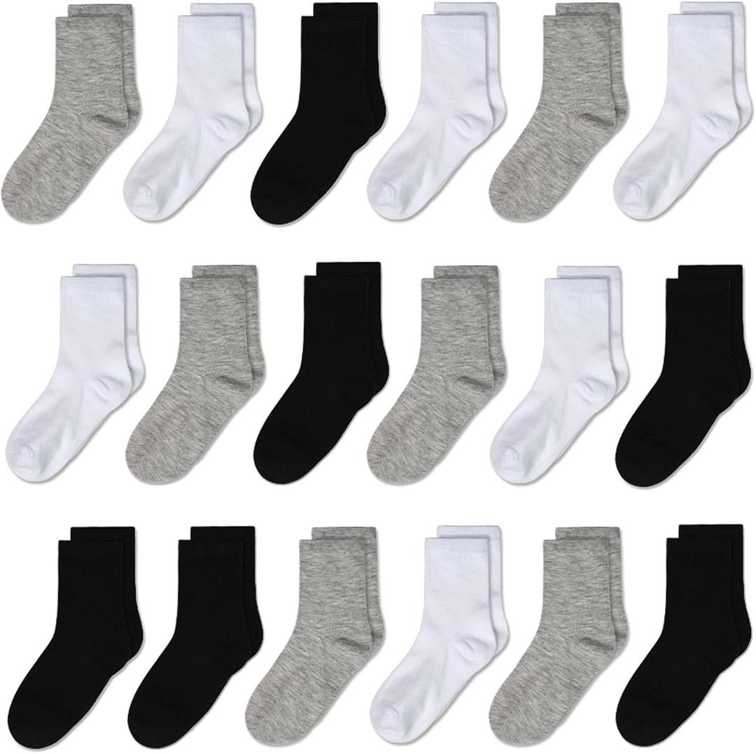 Kids' Socks 18-Pair Pack - Unisex, Breathable Moisture-Wicking Comfortable Fit for School Sports Everyday Wear (10-13 Years, #1 Black*6+light Grey*6+white*6)