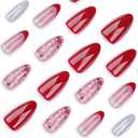 24Pcs Christmas Press on Red French Tip Almond Fake Nails with Red White Stripe Designs Full Cover Glossy Acrylic Sliver Glitter Stick on Medium False Nails