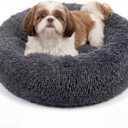 Calming Donut Dogs Beds for Small Dogs Washable,23inch Plush Round Pet Bed for Cozy Sleep,Fluffy Faux Fur Large Cat Bed,Fits up to 25 lbs Pets,Dark Grey