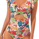 B2prity One Piece Swimsuits for Women Ruffle Sleeve V Neck Bathing Suit Tummy Control Cutout Monokini Slimming Swimwear, L