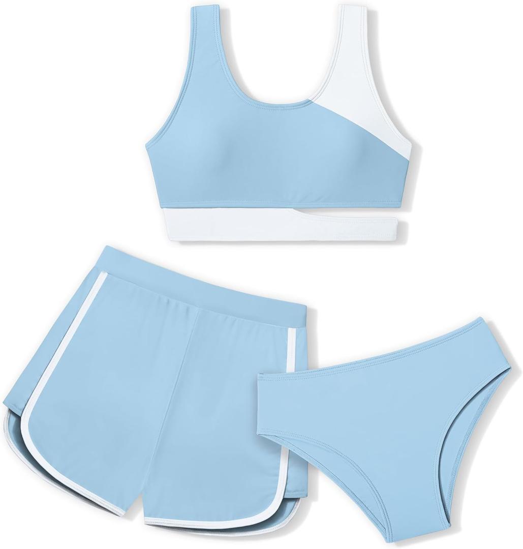 NECIOUS Girls Swimsuit Bikini Set, 3 Piece Girl Bathing Suits Color Block Cutout Swimwear with Shorts Size 7-16 (15-16 Years, Light Blue)
