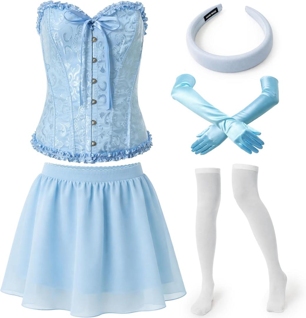 Halloween Adult Princess Costume Set Include Corset Tiara Puffy Mini Skirt Long Satin Gloves Knee High Socks (X-Large, Blue)