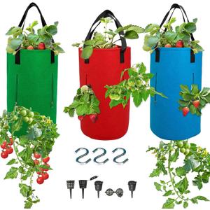 3 Piece Upside Down Tomato & Strawberry Planter Set - Hanging Grow Bags with 4 Side Zippers & 1 Bottom Zipper - Tomato Kit & Strawberry Kit for Easy Vertical Gardening