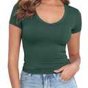 PALINDA V Neck Slim Fitted Shirts for Women Basic Casual Short Sleeve T Shirts Going Out Tops Sexy Y2K Tees(Dark Green XL)