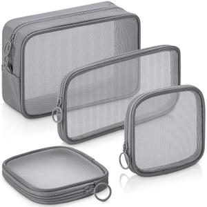 Weewooday 4 Pcs Mesh Makeup Bag Mesh Cosmetic Bag Travel Toiletry Pouch with Zipper Mini Makeup Cosmetic Purse for Daily Accessory(Small, Large, Medium,Gray)
